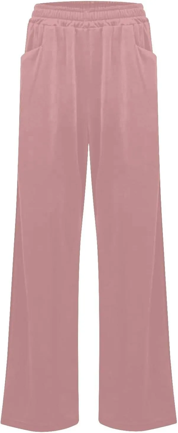 Velvet Pants Women Stretchy Wide Leg Lounge Baggy Pants with Pockets Loose Casual Elastic High Waisted Palazzo Pants