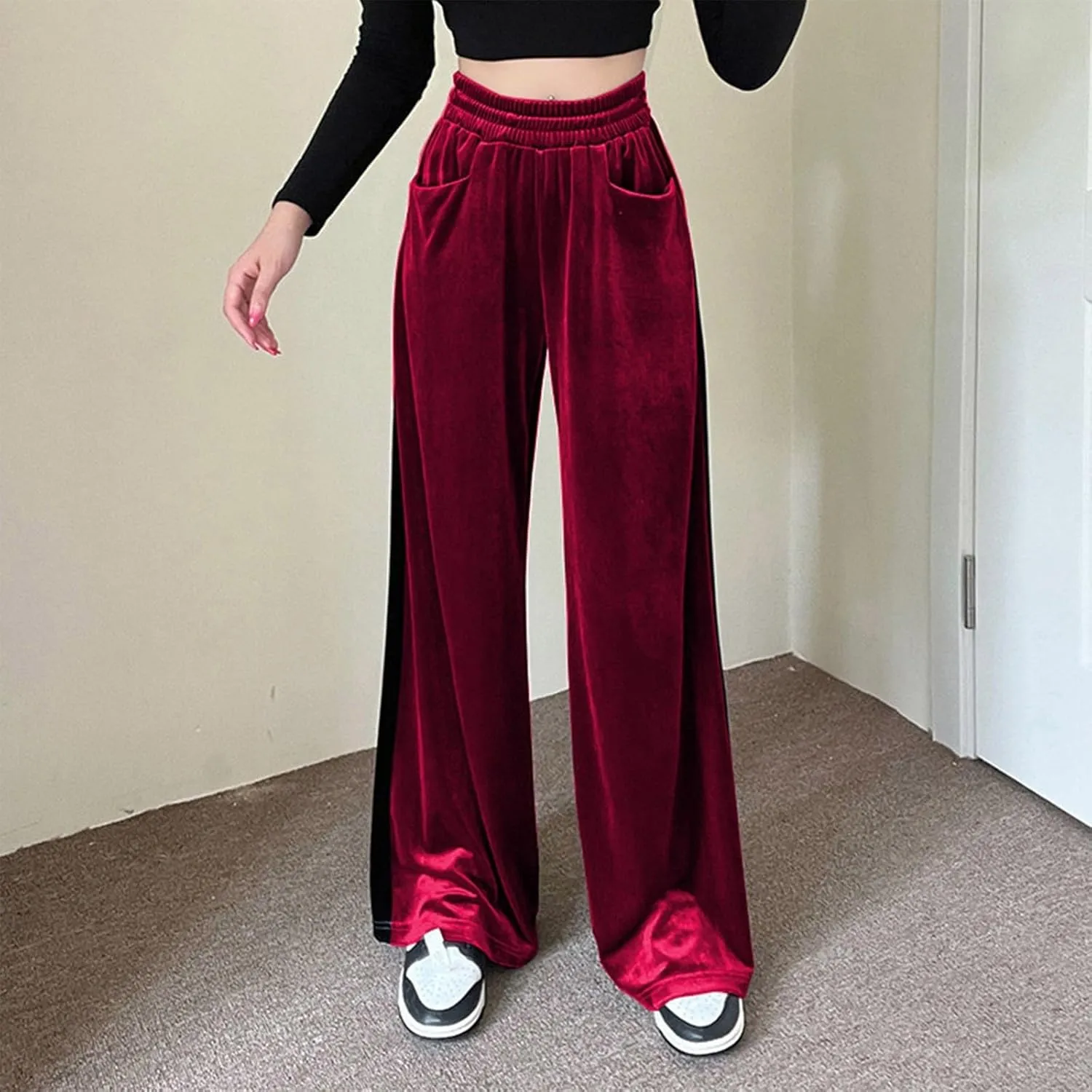 Velvet Pants Women Stretchy Wide Leg Lounge Baggy Pants with Pockets Loose Casual Elastic High Waisted Palazzo Pants