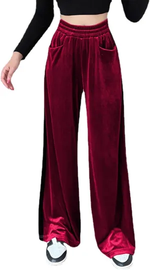 Velvet Pants Women Stretchy Wide Leg Lounge Baggy Pants with Pockets Loose Casual Elastic High Waisted Palazzo Pants