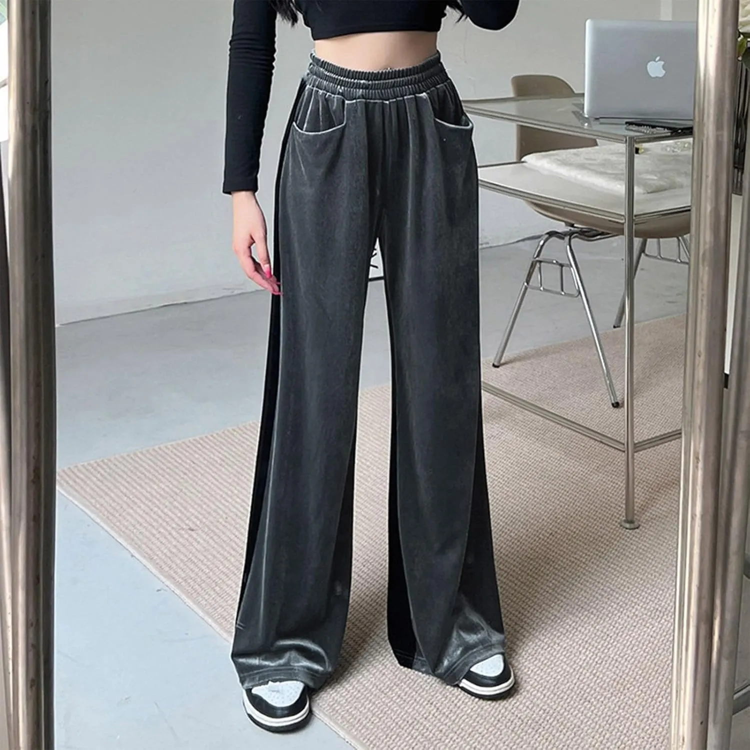 Velvet Pants Women Stretchy Wide Leg Lounge Baggy Pants with Pockets Loose Casual Elastic High Waisted Palazzo Pants