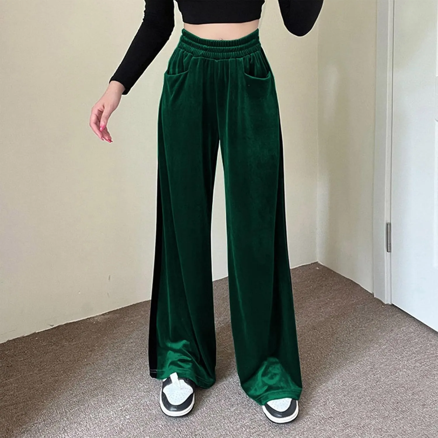 Velvet Pants Women Stretchy Wide Leg Lounge Baggy Pants with Pockets Loose Casual Elastic High Waisted Palazzo Pants