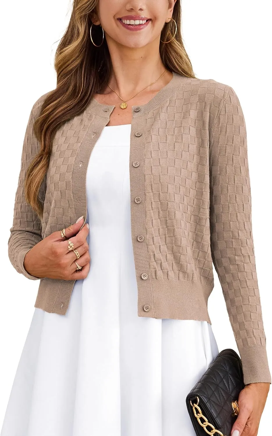 VERABENDI Women's Cute Checkered Short Cardigans Cropped Cardigan Sweaters Button Open Front Bolero Shrugs for Dresses S-XL