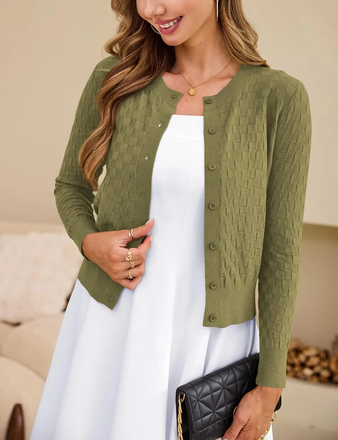 VERABENDI Women's Cute Checkered Short Cardigans Cropped Cardigan Sweaters Button Open Front Bolero Shrugs for Dresses S-XL
