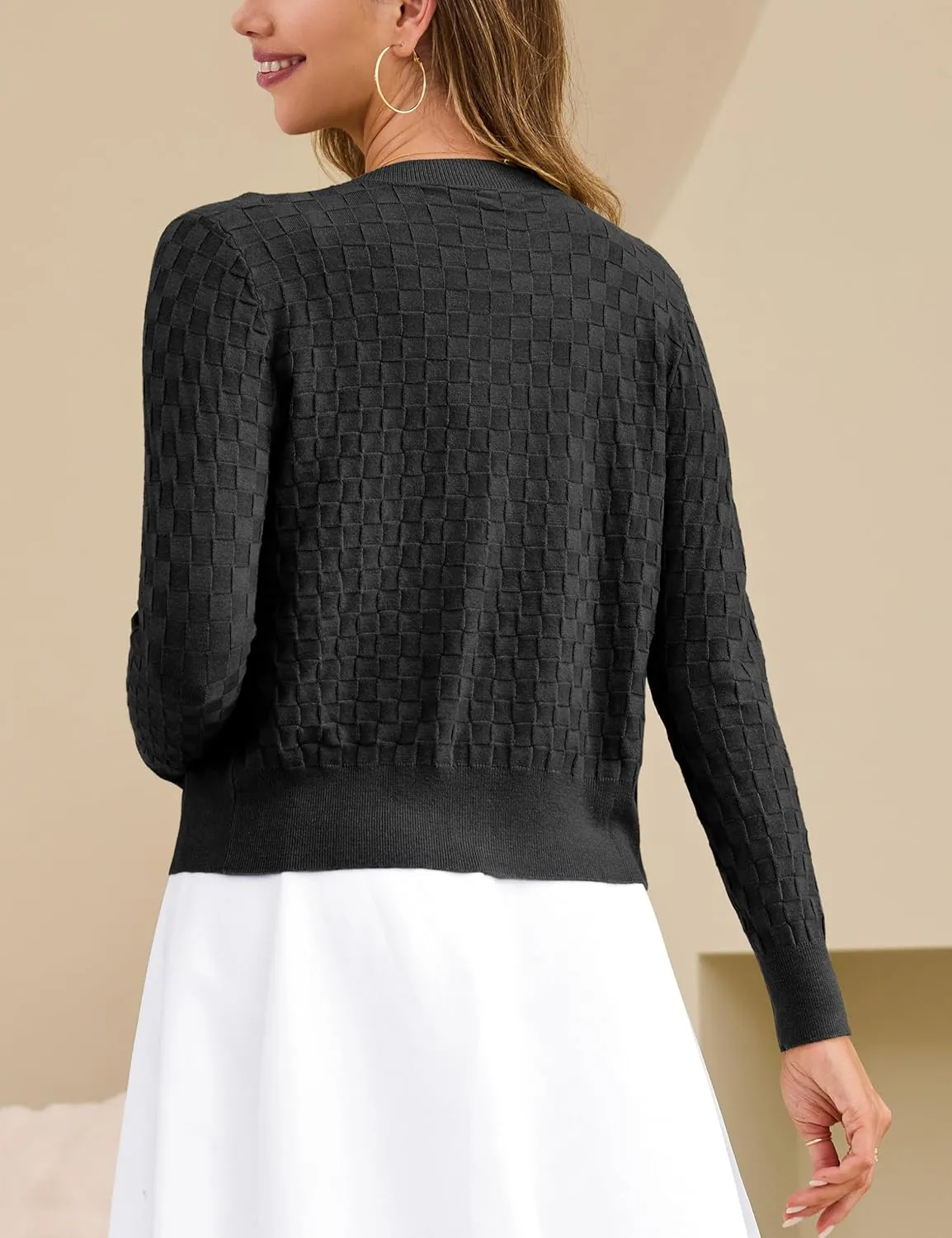 VERABENDI Women's Cute Checkered Short Cardigans Cropped Cardigan Sweaters Button Open Front Bolero Shrugs for Dresses S-XL