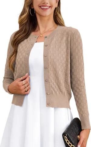 VERABENDI Women's Cute Checkered Short Cardigans Cropped Cardigan Sweaters Button Open Front Bolero Shrugs for Dresses S-XL