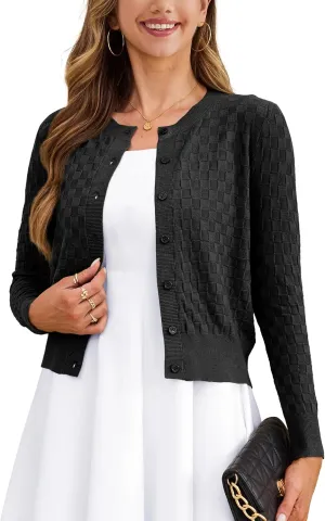 VERABENDI Women's Cute Checkered Short Cardigans Cropped Cardigan Sweaters Button Open Front Bolero Shrugs for Dresses S-XL