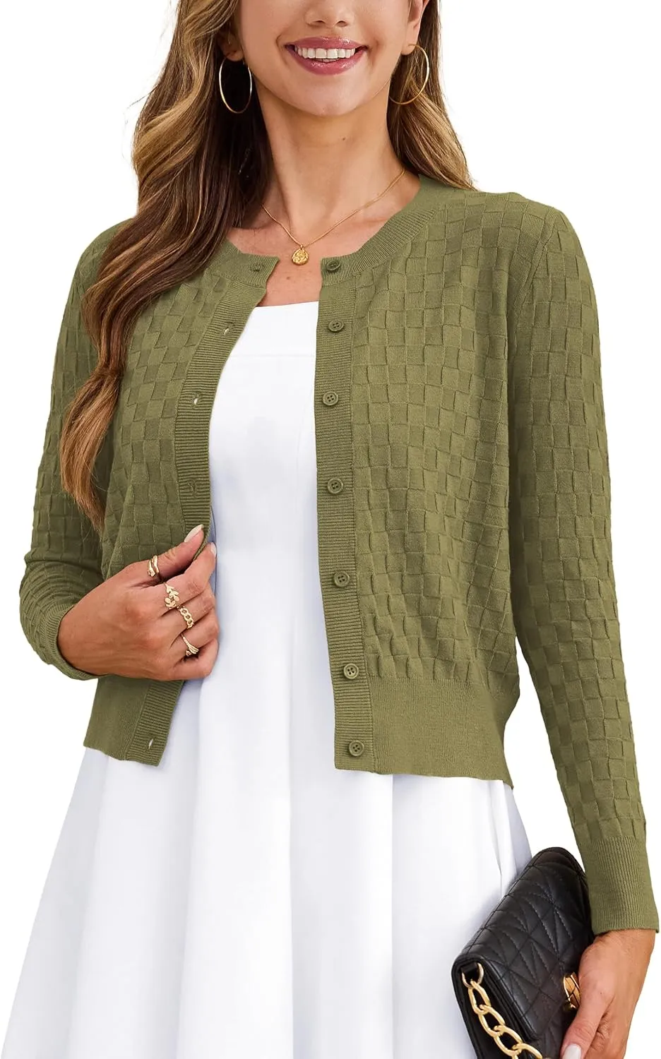 VERABENDI Women's Cute Checkered Short Cardigans Cropped Cardigan Sweaters Button Open Front Bolero Shrugs for Dresses S-XL
