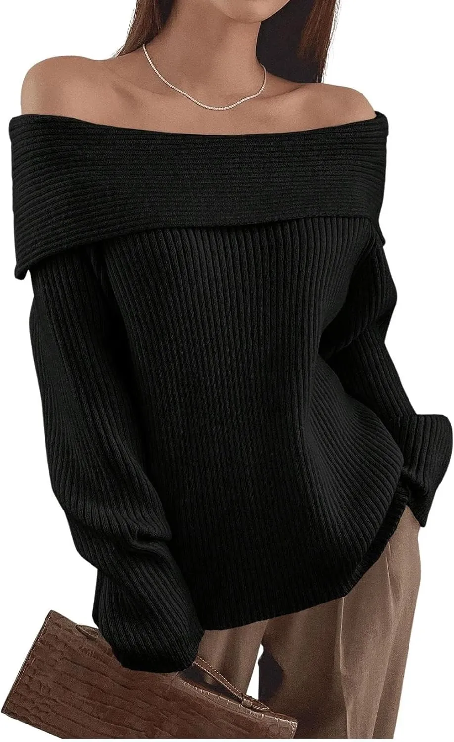 Verdusa Women's Long Sleeve Loose Off Shoulder Sweater Knit Pullovers Jumper Tops
