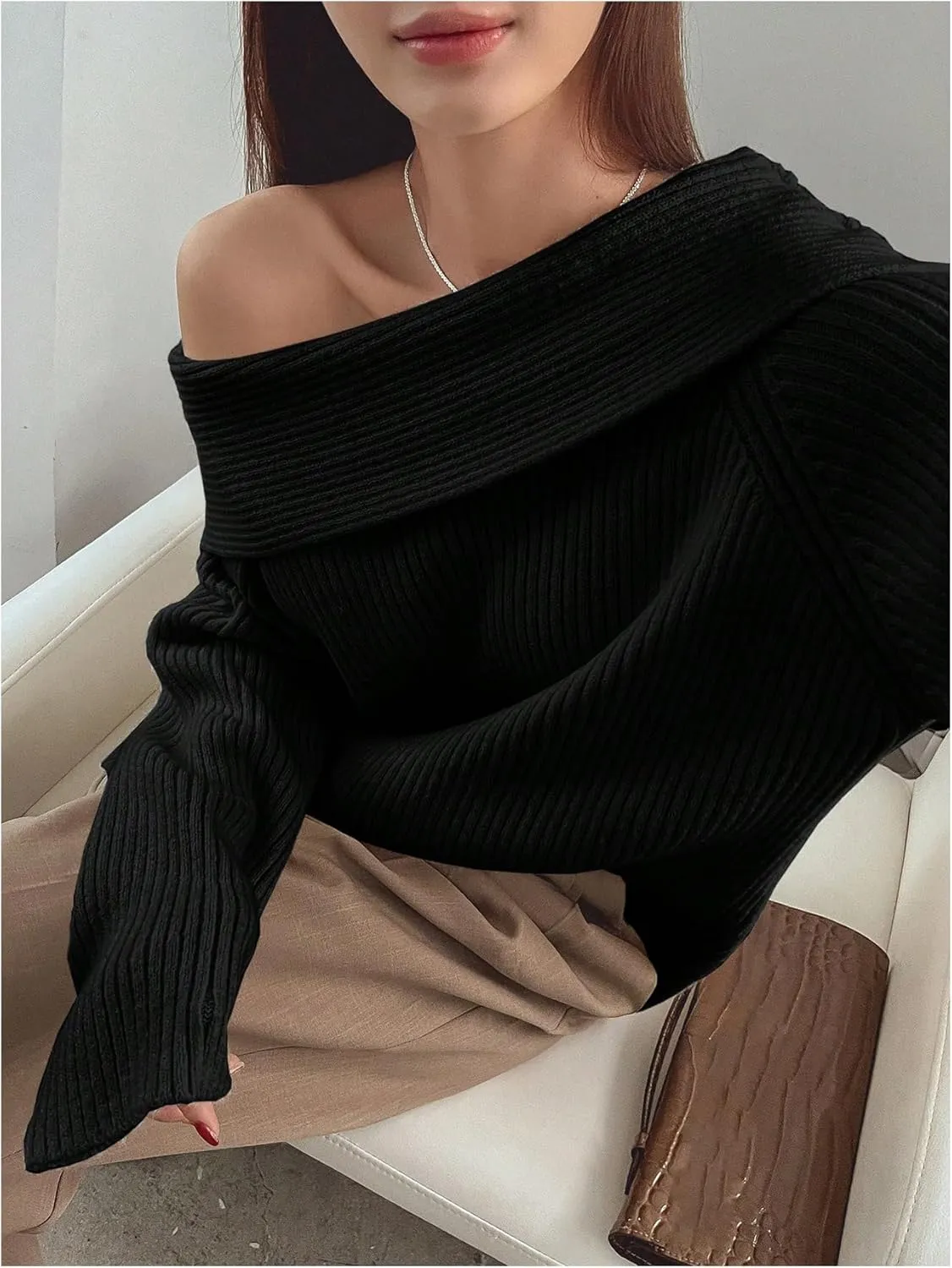 Verdusa Women's Long Sleeve Loose Off Shoulder Sweater Knit Pullovers Jumper Tops