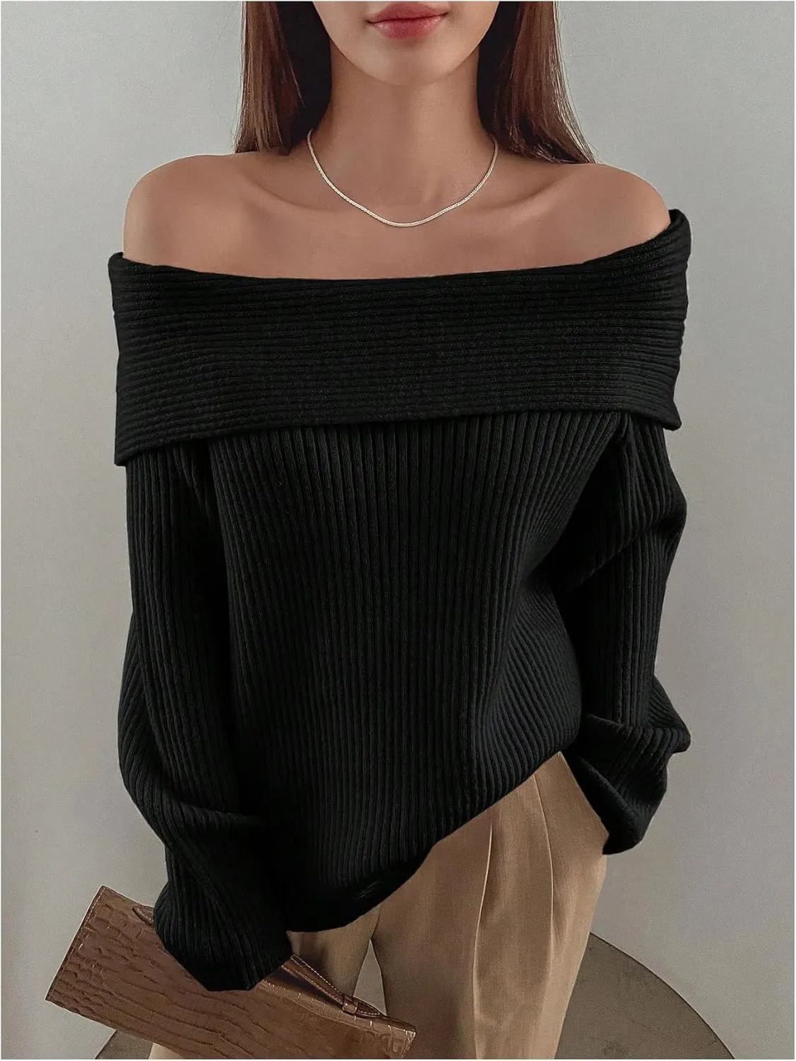 Verdusa Women's Long Sleeve Loose Off Shoulder Sweater Knit Pullovers Jumper Tops