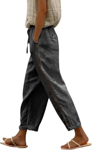 Versatile Nine Point Casual Pants Linen Elastic Seven Pants Beach Casual Pants Linen Elastic Waist Summer Baggy