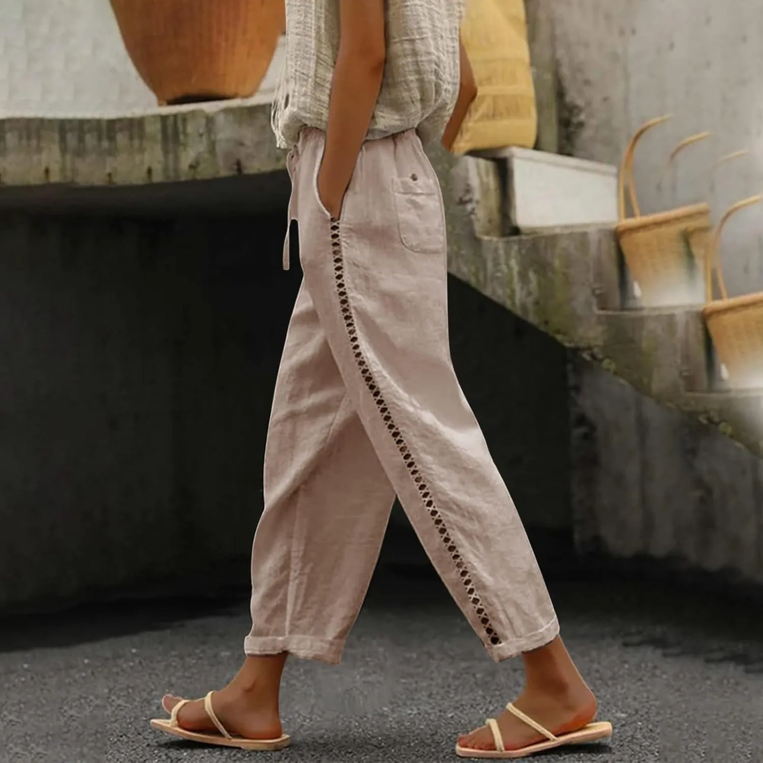 Versatile Nine Point Casual Pants Linen Elastic Seven Pants Beach Casual Pants Linen Elastic Waist Summer Baggy