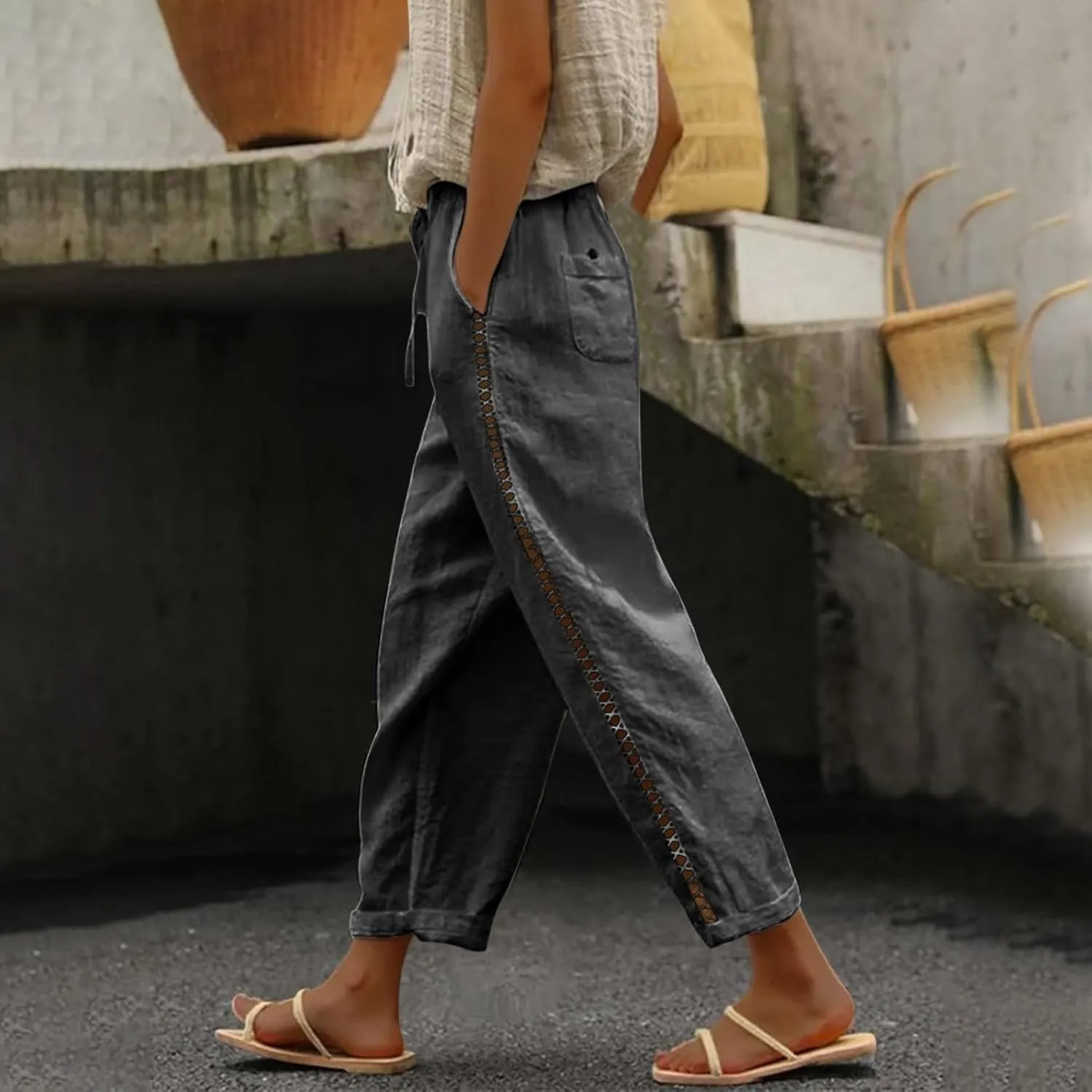 Versatile Nine Point Casual Pants Linen Elastic Seven Pants Beach Casual Pants Linen Elastic Waist Summer Baggy