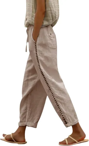 Versatile Nine Point Casual Pants Linen Elastic Seven Pants Beach Casual Pants Linen Elastic Waist Summer Baggy