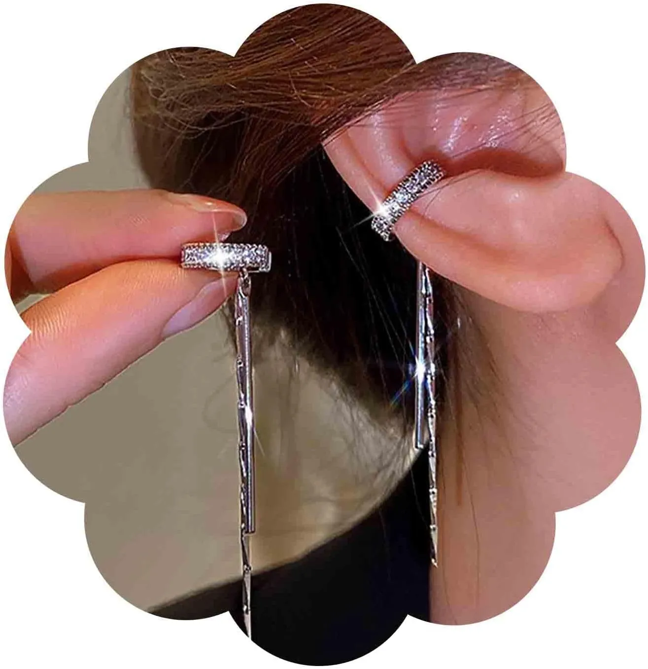 Vintage Crystal Ear Cuff Earrings Long Bar Drop Earrings Silver Bar Sleek Chain Earrings Rhinestone Cartilage Non Piercing Earrings Jewelry for Women