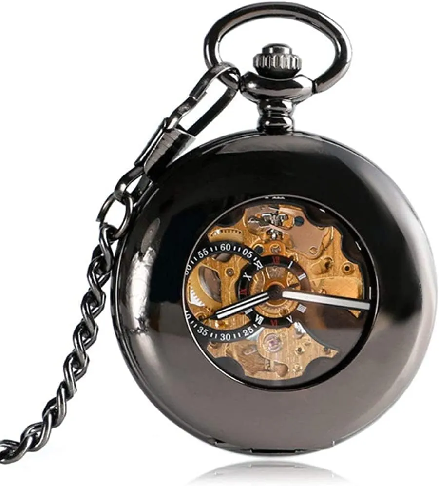 Vintage Smooth Case Pocket Watch Skeleton Men Stylish Luxury Automatic Mechanical Exquisite Cool Roman Numerals Gift Xmas