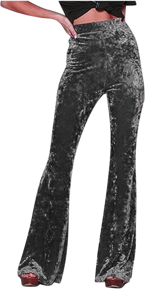 Vintage Velvet Flare Pants for Women High Waist Tummy Control Straight Bootcut Pants Soft Comfortable Velour Trousers
