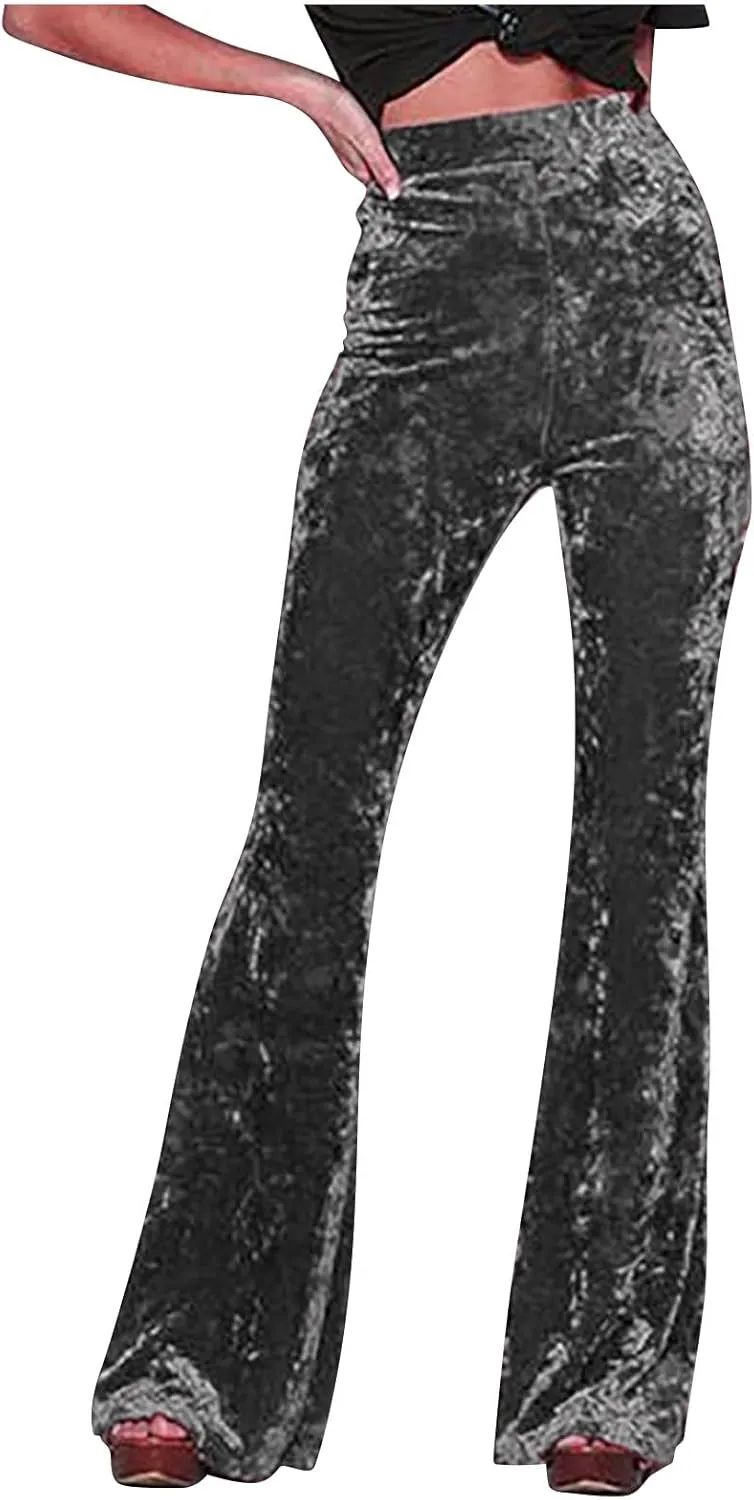 Vintage Velvet Flare Pants for Women High Waist Tummy Control Straight Bootcut Pants Soft Comfortable Velour Trousers