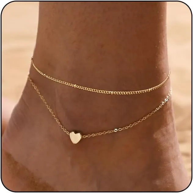 VIROMY Anklets for Women,14K Real Gold Plated Large Ankle Bracelets for Women Waterproof Simple Dot Cute Heart Dainty Evil Eye Anklets Non Tarnish Summer Beach Jewelry Gift for Women