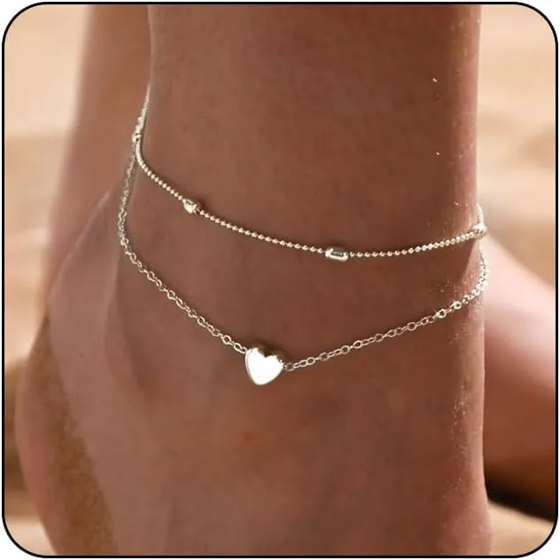 VIROMY Anklets for Women,14K Real Gold Plated Large Ankle Bracelets for Women Waterproof Simple Dot Cute Heart Dainty Evil Eye Anklets Non Tarnish Summer Beach Jewelry Gift for Women