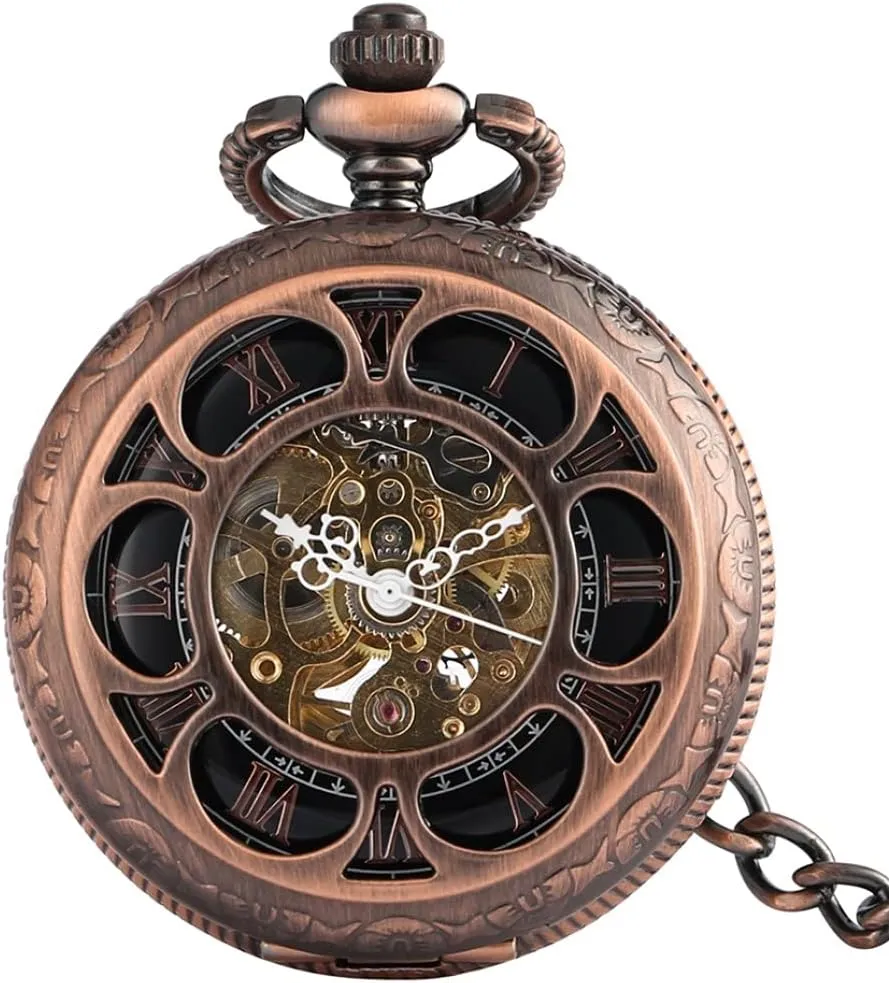 VSULZVNU Automatic Watches Men Luxury Skeleton Sun Flower Copper Mechanical Auto Retro Pocket Watch Black Roman Numeral Dial Fob Clocks