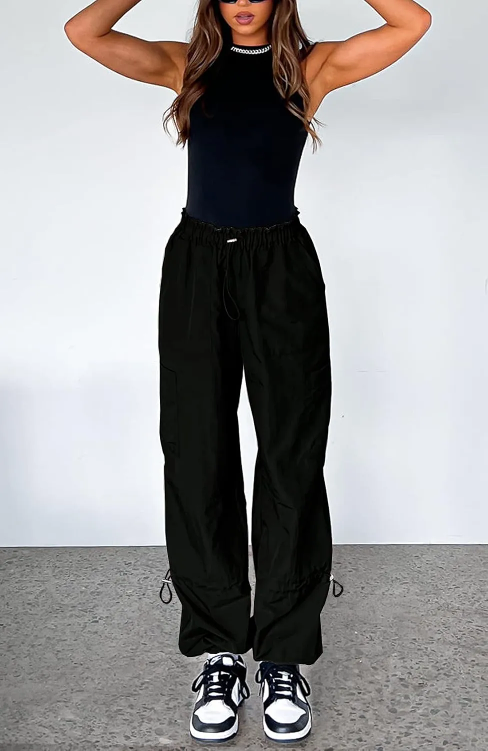 Waitfairy Cargo Pants Women Drawstring Elastic Waist Baggy Parachute Pants Woman Y2K Bottoms with Multiple Pockets