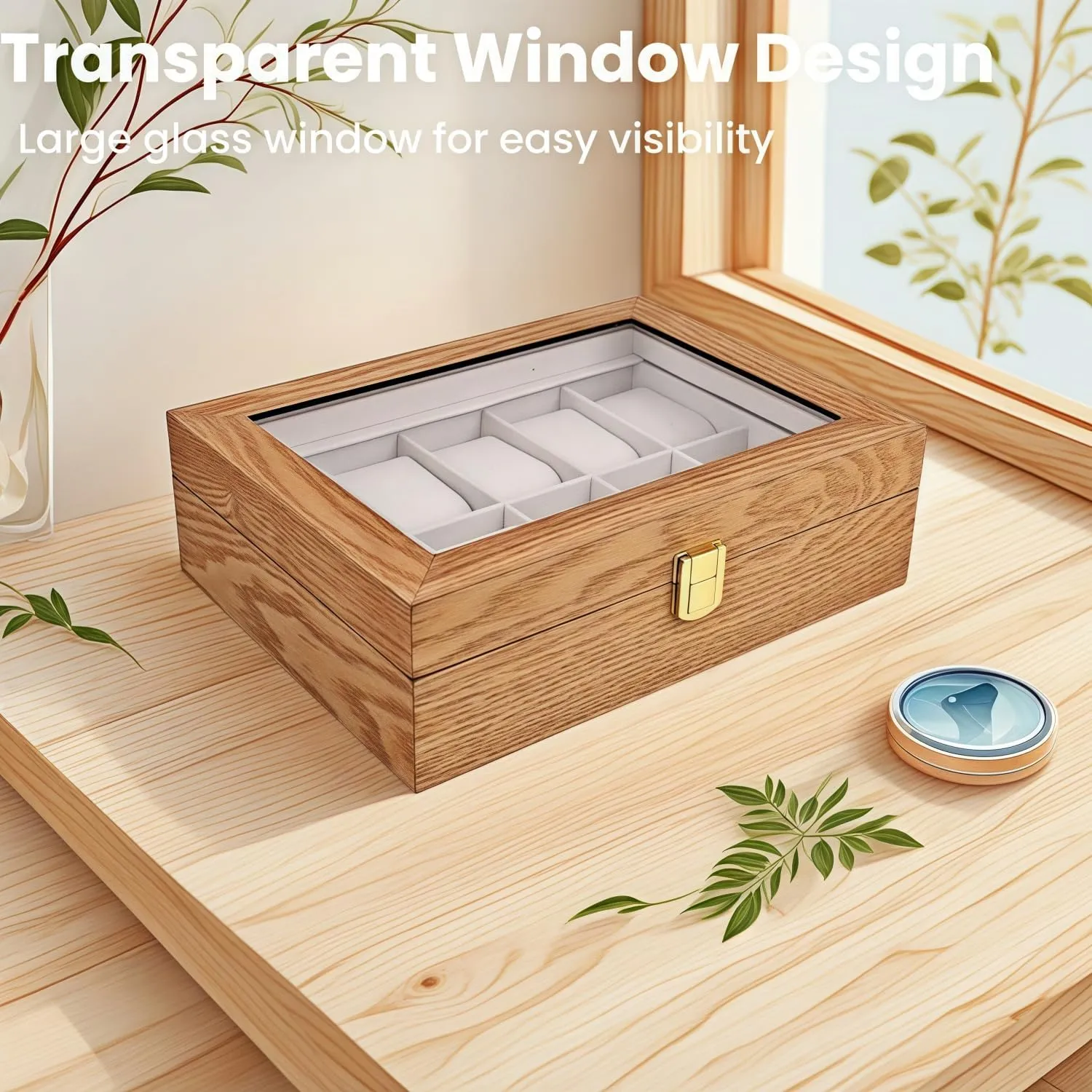 Watch Box Organizer for Men with Glass Lid Offers 10 Slots and Is Made of Rosewood to Provide Exquisite Protection and Display for Your Watch(beige)
