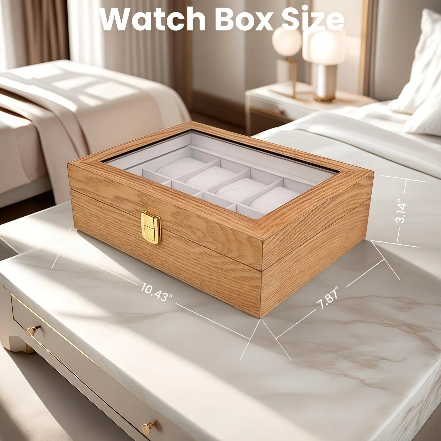 Watch Box Organizer for Men with Glass Lid Offers 10 Slots and Is Made of Rosewood to Provide Exquisite Protection and Display for Your Watch(beige)