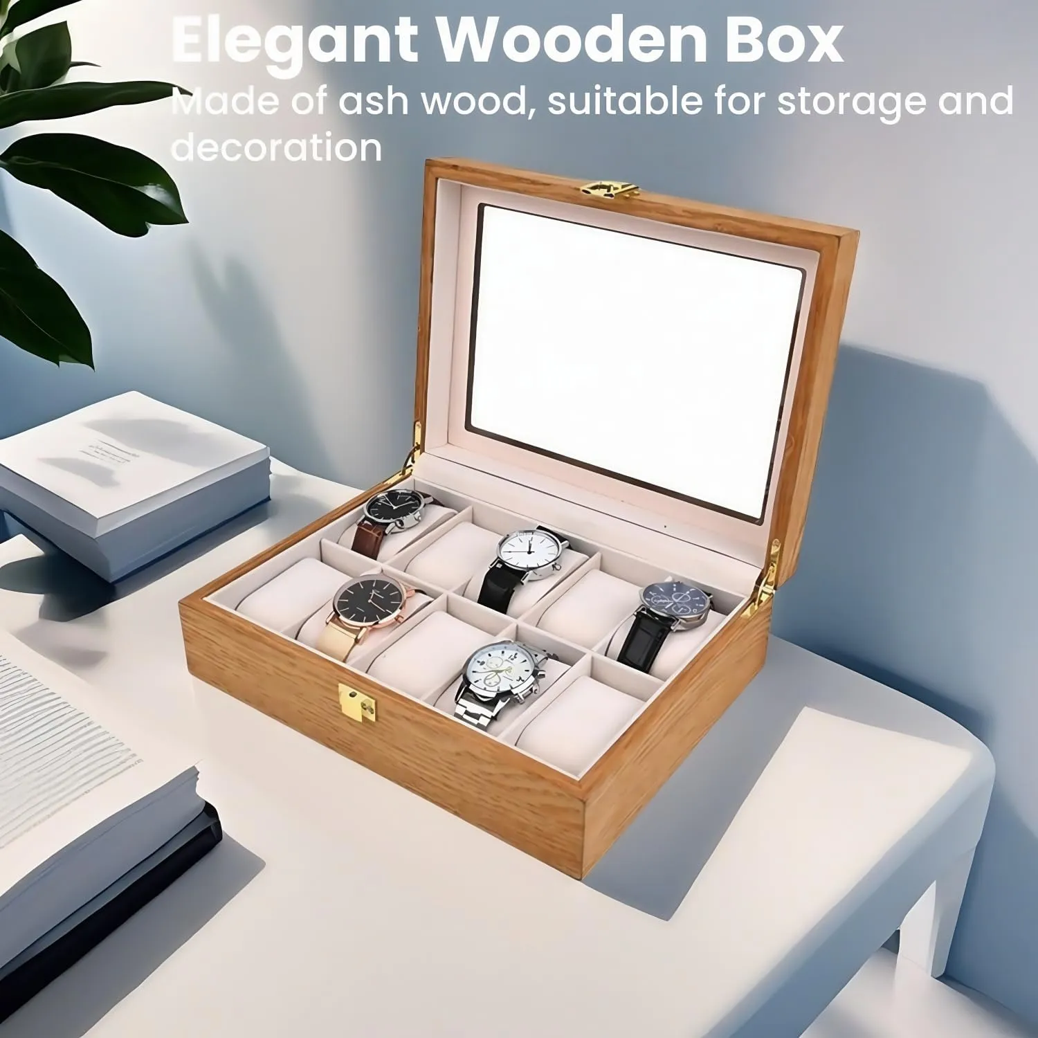 Watch Box Organizer for Men with Glass Lid Offers 10 Slots and Is Made of Rosewood to Provide Exquisite Protection and Display for Your Watch(beige)
