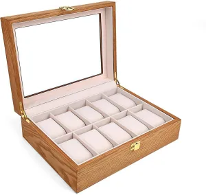 Watch Box Organizer for Men with Glass Lid Offers 10 Slots and Is Made of Rosewood to Provide Exquisite Protection and Display for Your Watch(beige)