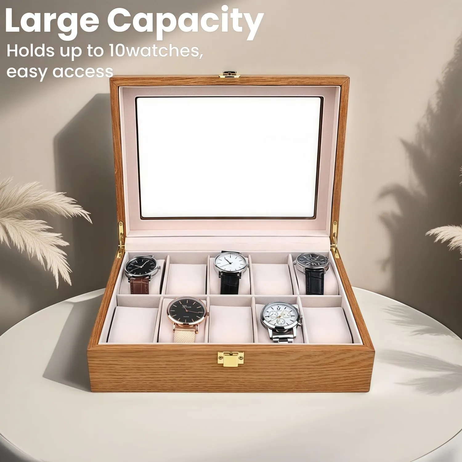 Watch Box Organizer for Men with Glass Lid Offers 10 Slots and Is Made of Rosewood to Provide Exquisite Protection and Display for Your Watch(beige)