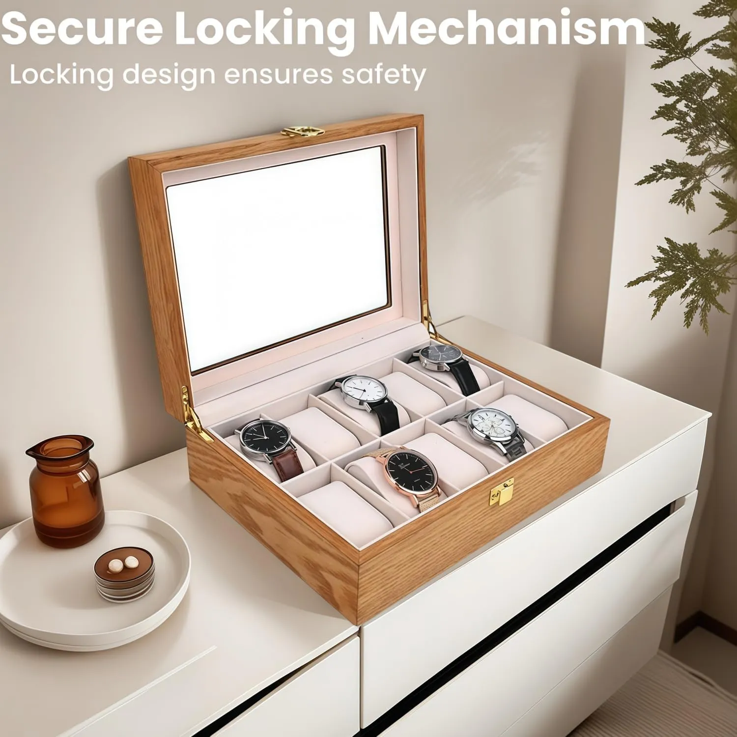 Watch Box Organizer for Men with Glass Lid Offers 10 Slots and Is Made of Rosewood to Provide Exquisite Protection and Display for Your Watch(beige)