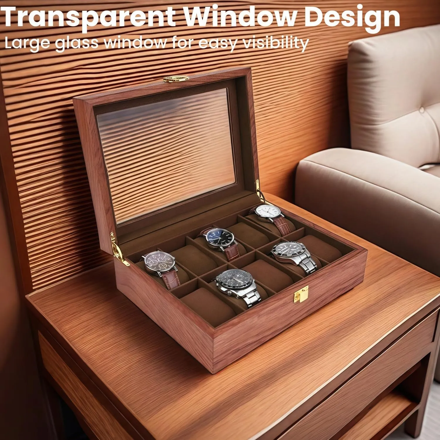 Watch Box Organizer for Men with Glass Lid Offers 10 Slots and Is Made of Rosewood to Provide Exquisite Protection and Display for Your Watch(Red)