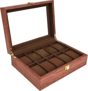 Watch Box Organizer for Men with Glass Lid Offers 10 Slots and Is Made of Rosewood to Provide Exquisite Protection and Display for Your Watch(Red)