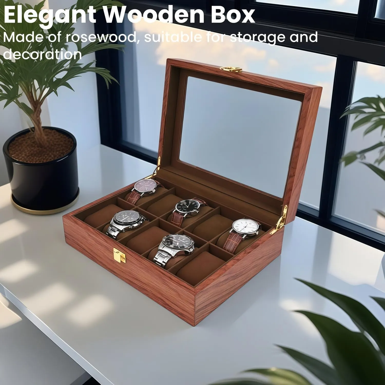 Watch Box Organizer for Men with Glass Lid Offers 10 Slots and Is Made of Rosewood to Provide Exquisite Protection and Display for Your Watch(Red)