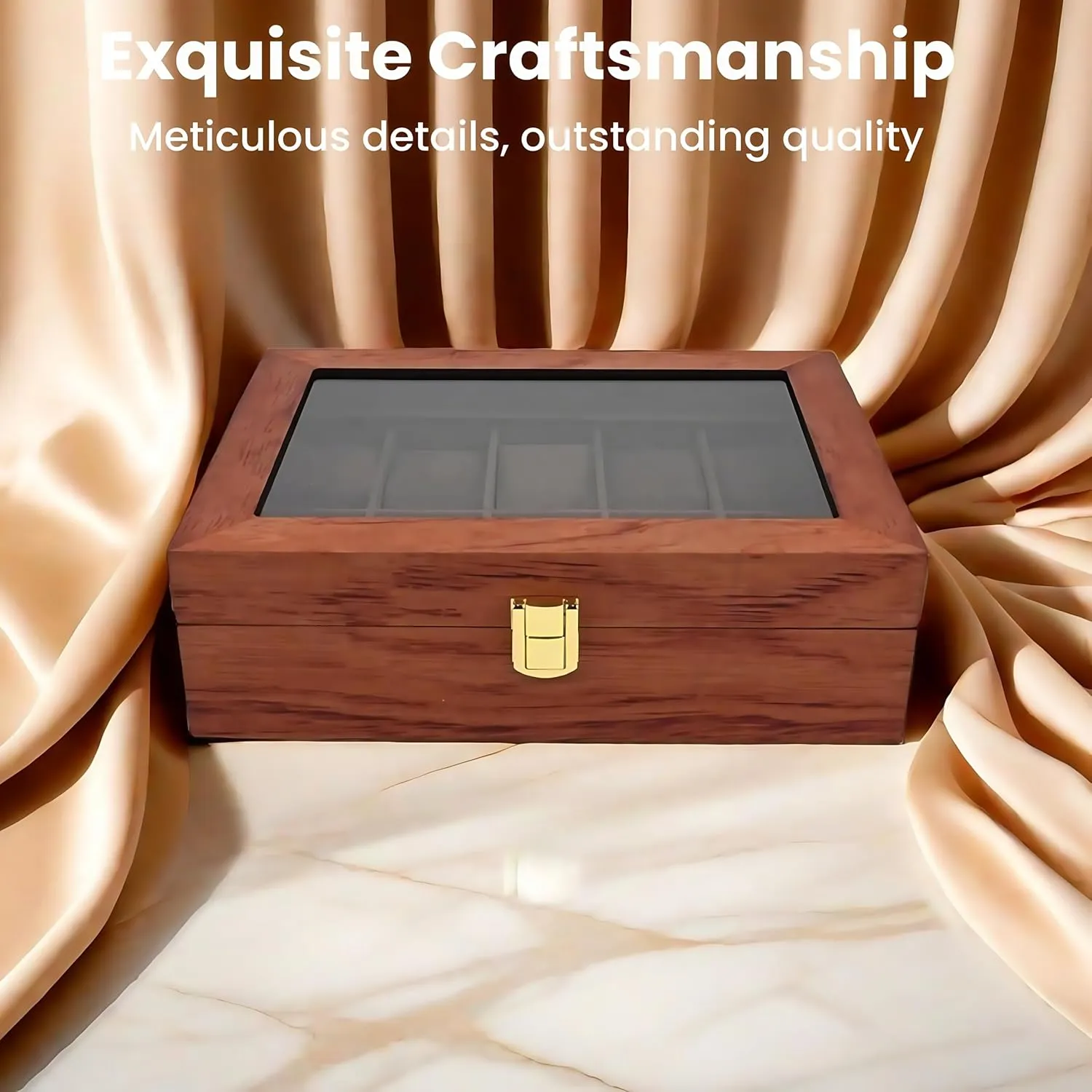 Watch Box Organizer for Men with Glass Lid Offers 10 Slots and Is Made of Rosewood to Provide Exquisite Protection and Display for Your Watch(Red)