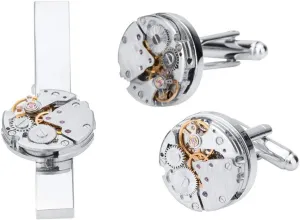 Watch Movement Silver Cufflinks and Tie Bar Clip Set for Men, Stylish Accessory Gift Set
