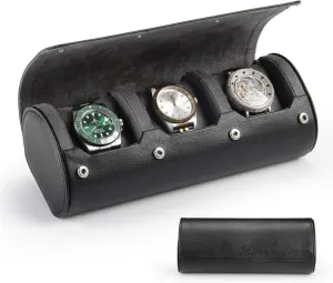 Watch Travel Case for Men: 3 Slot Watch Box Organizer Display Case - Portable Watch Storage & Travel Case - Watch Roll Fits All Wrist Watches & Smart Watches Up to 50mm (Black)