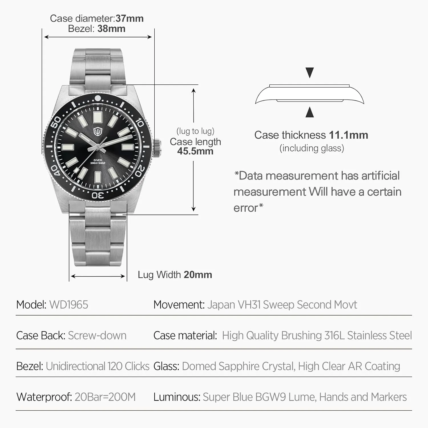 watchdives VH31 Quartz Watches, WD1965 62MAS Dive Watch 38mm Domed Sapphire Crystal Luxury Wristwatch 200M Waterproof Watches