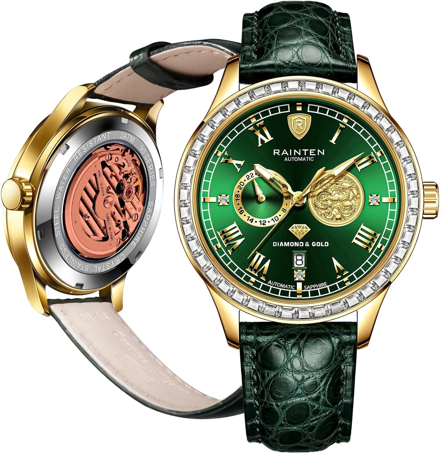 Watches for Men, Luxury Mechanical Men's Automatic Watch with 999 Gold, Leather Band & Date Calendar Luminous Mens Wrist Watches