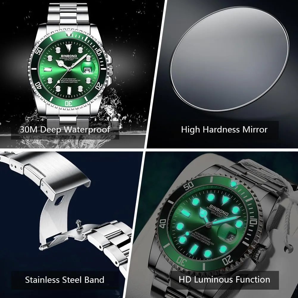 Watches for Men Stainless Steel Rotatable Bezel Classic Dress Waterproof Luminous Luxury Big Face Business Date Mens Wrist Watch