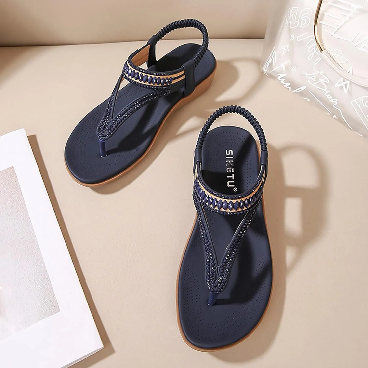 Wedge Flip Flops for Women Size 11 Outdoor Casual Leisure Thick-Soled Slippers Fashion Shoes Breathable Sandals (Blue, 7.5)