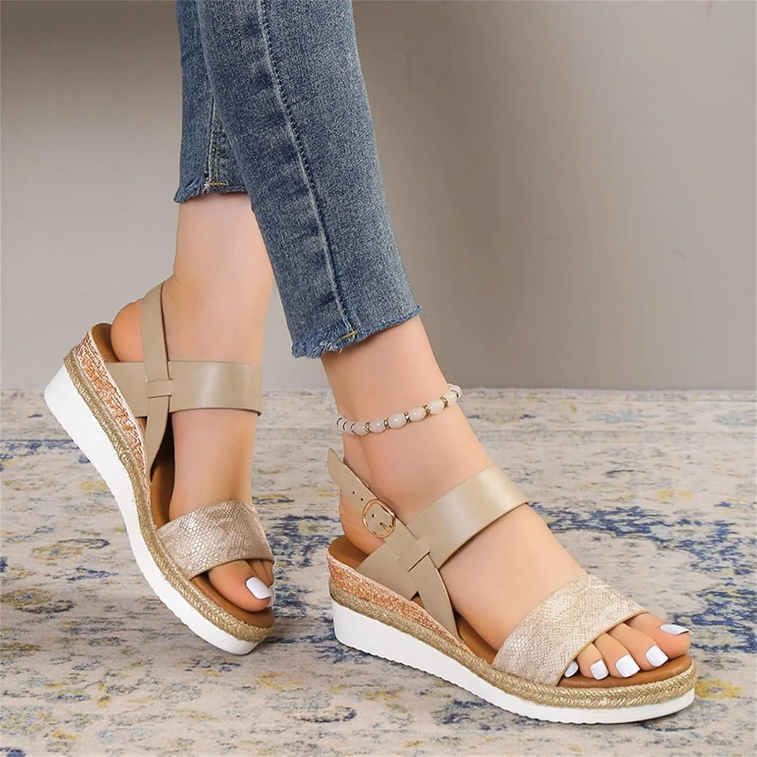 Wedge Sandals for Women Platform Wedge Heels Summer Ankle Strap Comfort Sole Open Toe Flat Orthopedic Sandals for Women Beach Casual Slip On Sandal Beach Dress Comfortable Breathable Footwear