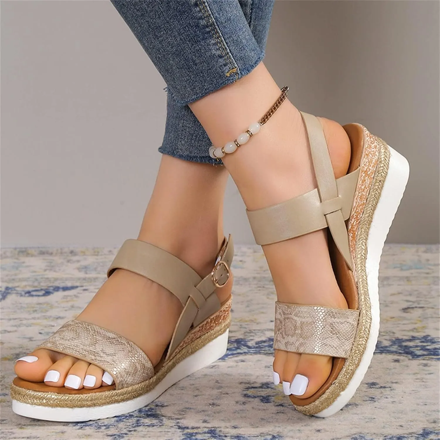 Wedge Sandals for Women Platform Wedge Heels Summer Ankle Strap Comfort Sole Open Toe Flat Orthopedic Sandals for Women Beach Casual Slip On Sandal Beach Dress Comfortable Breathable Footwear