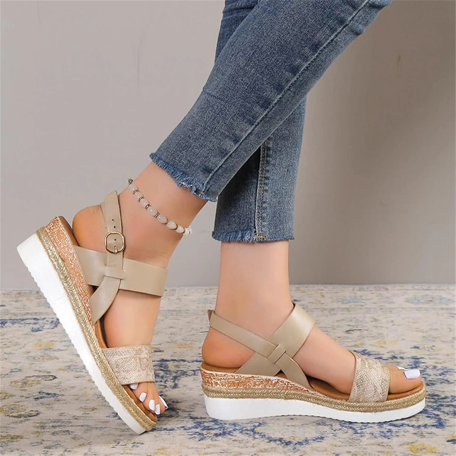 Wedge Sandals for Women Platform Wedge Heels Summer Ankle Strap Comfort Sole Open Toe Flat Orthopedic Sandals for Women Beach Casual Slip On Sandal Beach Dress Comfortable Breathable Footwear
