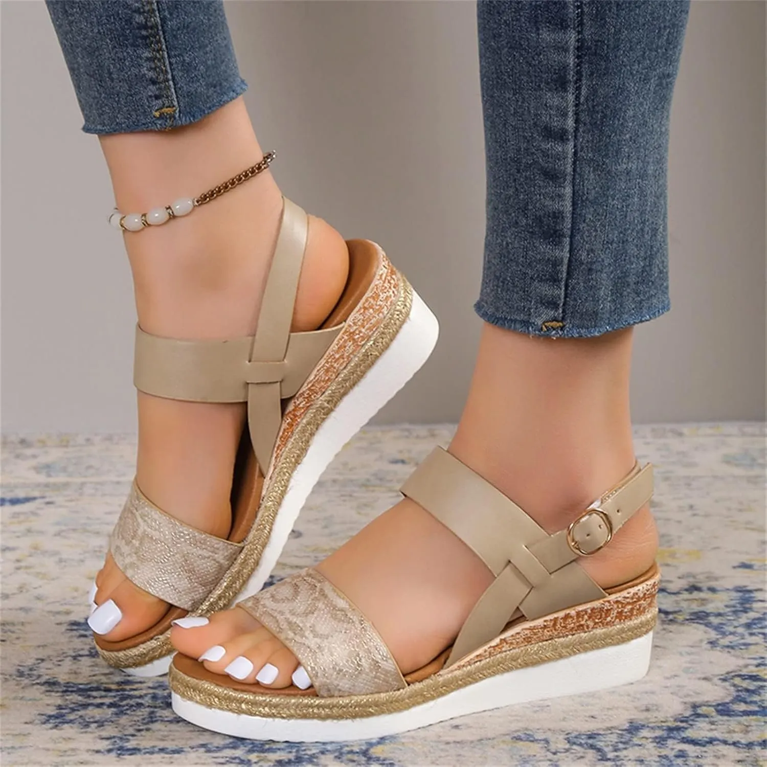 Wedge Sandals for Women Platform Wedge Heels Summer Ankle Strap Comfort Sole Open Toe Flat Orthopedic Sandals for Women Beach Casual Slip On Sandal Beach Dress Comfortable Breathable Footwear