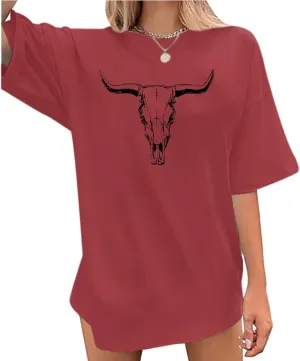 Western Cow Skull Shirts for Women Oversized Cowgirl T Shirt Country Graphic Tees Vintage Rodeo Tshirts Casual Tops