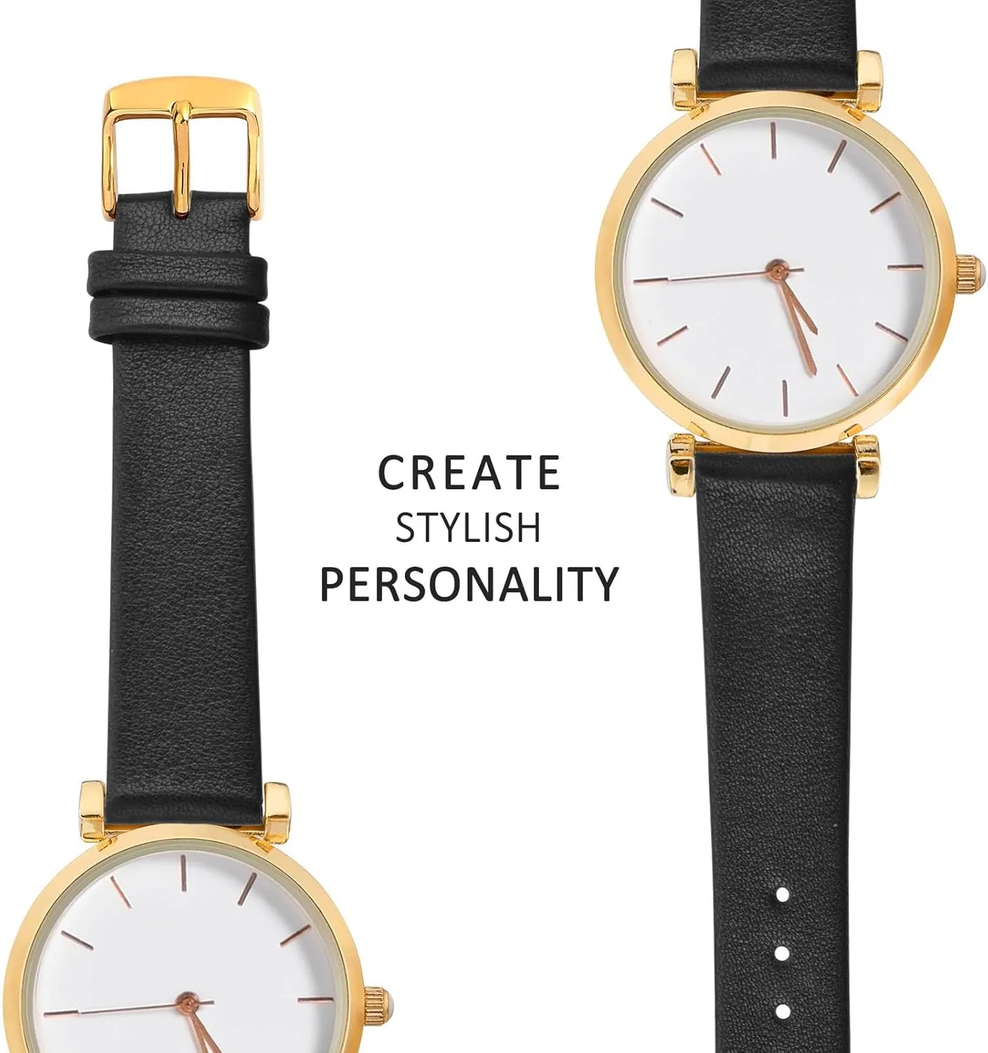 WOCCI 8mm Lug Width, Elegant Watch Band, Genuine Leather Replacement Strap with Gold Buckle (Black)