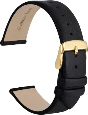 WOCCI 8mm Lug Width, Elegant Watch Band, Genuine Leather Replacement Strap with Gold Buckle (Black)