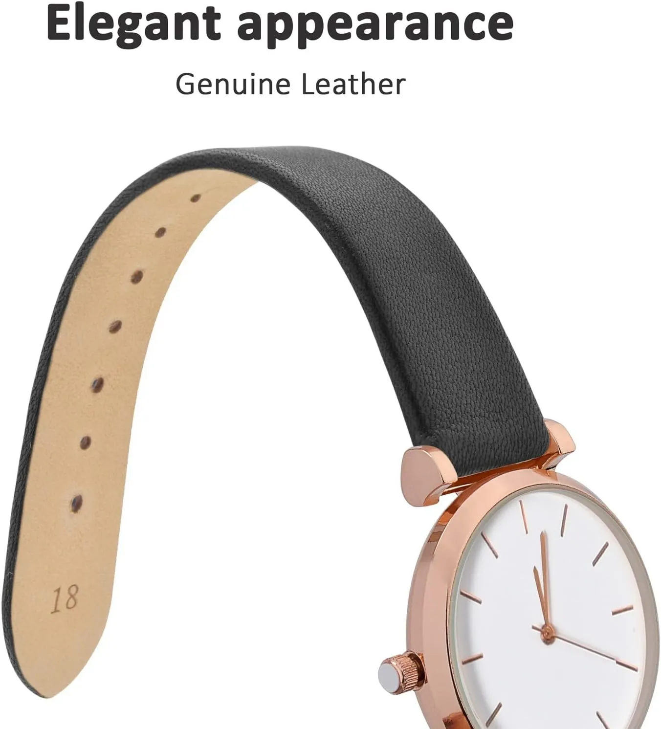 WOCCI 8mm Lug Width, Elegant Watch Band, Genuine Leather Replacement Strap with Gold Buckle (Black)